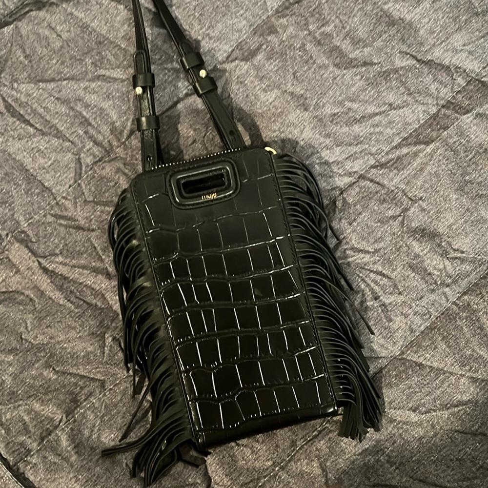 Crossbody for phone. Black fringe leather